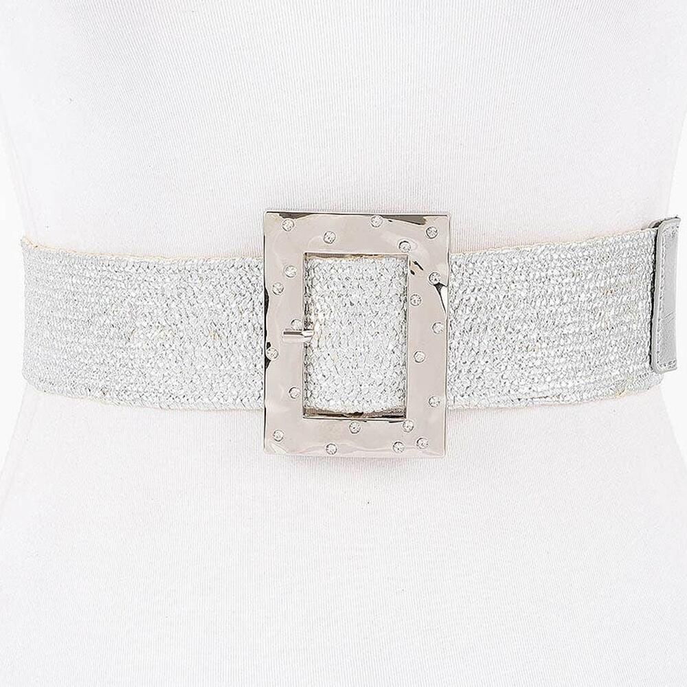 Rhinestone Square Buckle Straw Stretch Belt – Silver